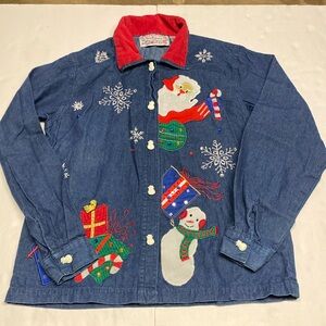 Vintage Christmas Jean Shirt Snowmen buttons down Jacket Denim Santa Women’s S